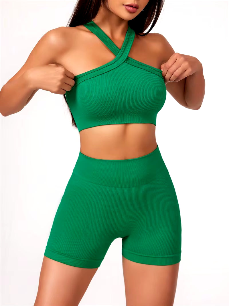 2Pcs Yoga Sets Women Workout Clothes High Waist Yoga Shorts and Strappy Sports Bra Short Sets Summer