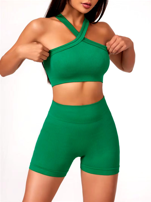 2Pcs Yoga Sets Women Workout Clothes High Waist Yoga Shorts and Strappy Sports Bra Short Sets Summer