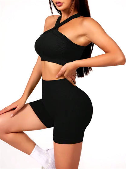 2Pcs Yoga Sets Women Workout Clothes High Waist Yoga Shorts and Strappy Sports Bra Short Sets Summer